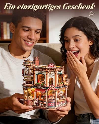 ROKR Dream Coffee Factory EAB02 DIY Miniature Dollhouse Music Box for Adults, Mechanical Coffee Factory Model with Moving Parts, LED Lighting and Jazz Music, Creative Gift