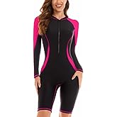 Womens Long Sleeve Rash Guard Boyleg Swimsuit Zipper UPF50+ One Piece Bathing Suit for Surfing Kayaking Water Aerobics