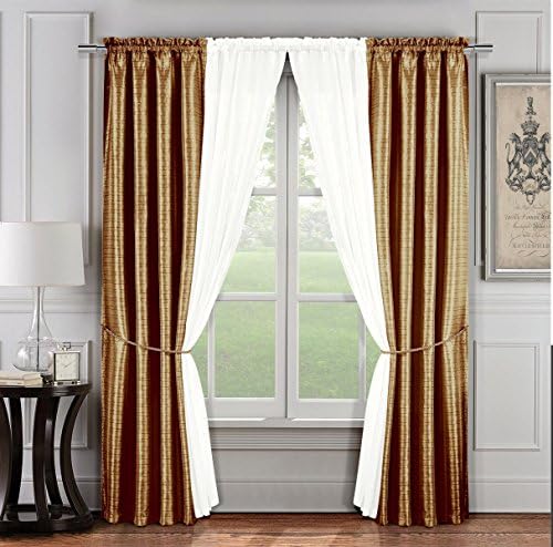 6 Pc. Lacquard Window Curtain Set: 2 Panels, 2 Sheers, 2 Tie Backs (Gold and Ivory)