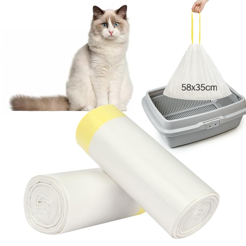 Adiwo 40 Pcs Cat Litter Tray Liners, 58 X 35cm Durable Cat Litter Box Waste Bags with Drawstring, Liquid-Resistant and Piodegradable for Pet Cat Litter Box Liners