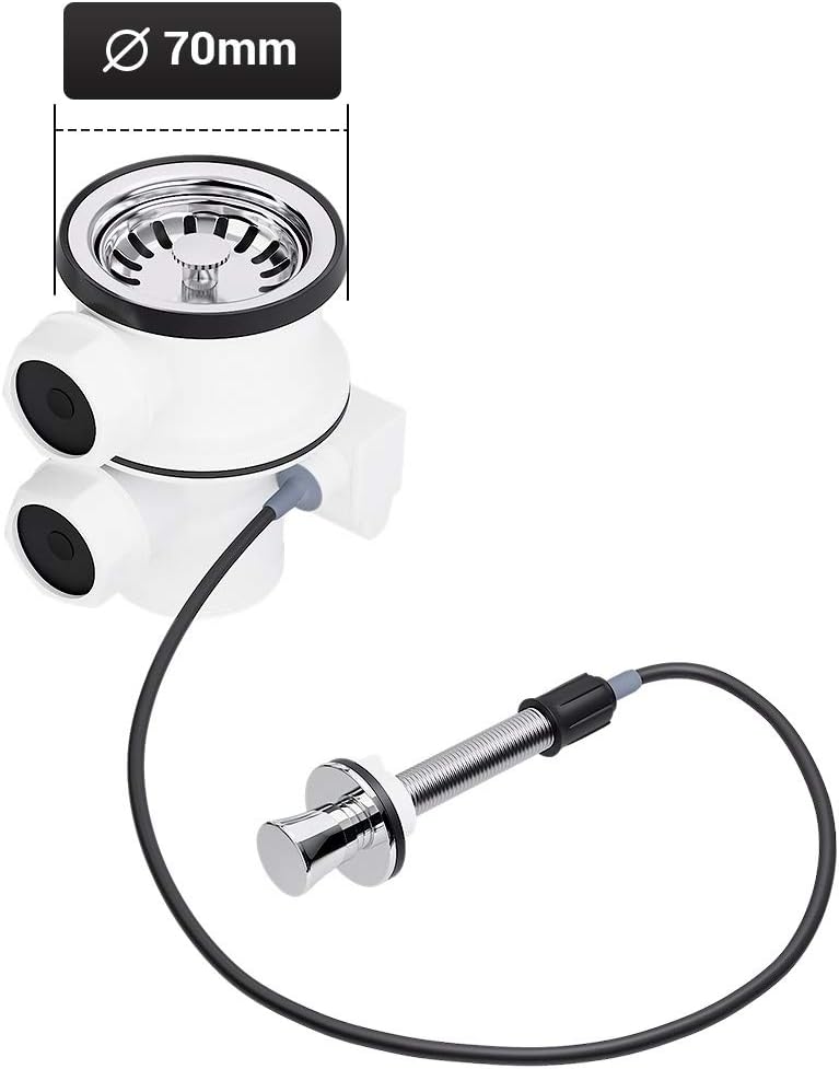 AQUADE Strainer Basket Valve, Diameter 70 mm, Eccentric Fitting, 1 inch Connection for Overflow, 2 X Overflow Connection
