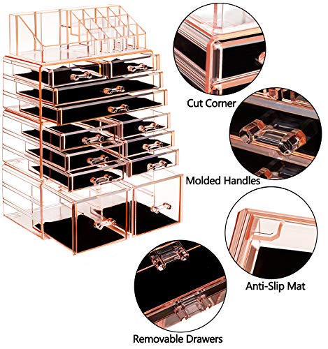 HBlife Makeup Organizer Acrylic Cosmetic Storage Drawers and Jewelry Display Box with 12 Drawers, 9.5" x 5.4" x 15.8", 4 Piece,Pink - Image 5