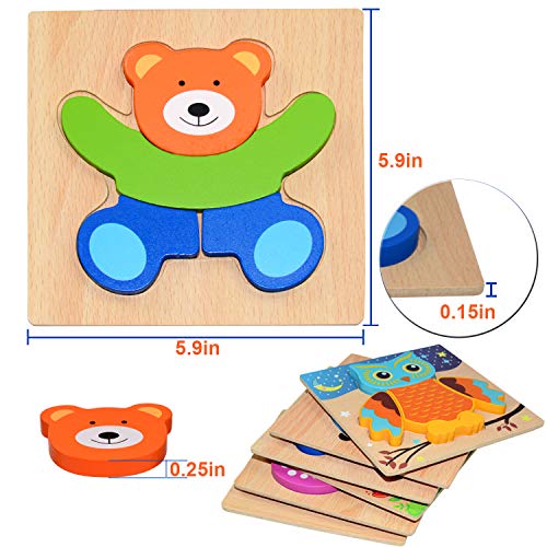 Kulariworld Wooden Jigsaw Puzzles Toys for Toddlers Boys Girls 1 2 3 Years Old 6 Pieces Preschool Educational Toy Gift with Vibrant Color Animal Vehicle Shapes