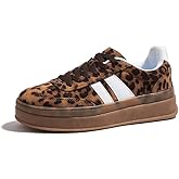 LEYING Women's Chunky Platform Sneakers - Retro Vintage Leather Casual Tennis Shoes- Thick Rubber Gum Sole Low Top Lace-Up Classic Walking Shoes