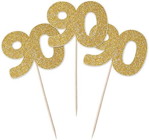 Number 90 Cupcake Toppers - 12pk Cake Decoration, Birthday, Anniversary, Pick, Pics, Ninety (Gold Glitter)