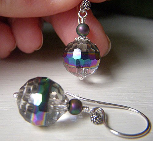 Iridescent Glass Crystal Earrings, Rainbow Finish, Clear Dangle, Disco Ball, Sterling Silver - Thumbnail 4
