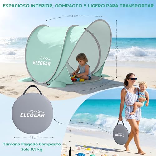 Elegear Carpa de Playa para Bebé Portátil, Pop-Up Refugio Solar con Protección Solar, UPF 50+ Protección UV Carpa de Playa para Bebé, Fácil Instalación y Ligera Tienda con Toldo para Costa,Verde Claro