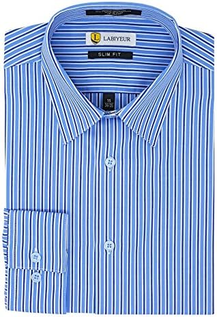 Labiyeur Slim Fit Button Cuff Semi Spread Collar Men's Dress Shirt 15.5 | 34-35 Double Blue/White