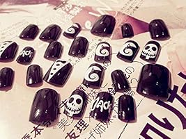 Amazon Com 24pcs Set Halloween False Nails Black White Skull With Design Fake Nails Full Cover Short Nail Tips Press On Nails With Adhesive For Women And Girls Home Improvement