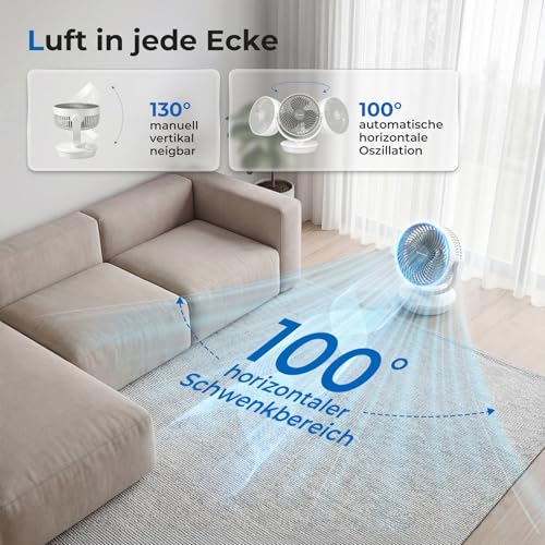 Aeroll Fan Quiet, Table Fan, 3D Turbo Air Circulator with 3 Speed Levels, 130° Vertical & 100° Horizontal Oscillation, Quiet Table Fan for Living Room and Desks