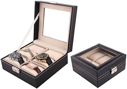 Black Leather 6 Grid Watch Display Case Glass Top Lockable Jewelry Box Organizer