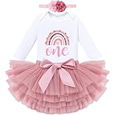 IBTOM CASTLE Baby Girls 1st 2nd Birthday Outfit Boho Rainbow Long Sleeve Romper Tutu Skirt Headband Fall Cake Smash Outfit