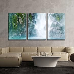 3 Piece Canvas Wall Art - Waterfall with Fluffy Stream Fall on The sea, Milford Sound, Southern Island, New Zealand - Modern Home Art Stretched and Framed Ready to Hang - 16"x24"x3 Panels