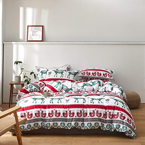 Uozzi Bedding King Duvet Cover Set Christmas Deer with Snowflake Red and Green Style 800 - TC Luxury Hypoallergenic 1 Microfiber Comforter Cover with 2 Pillow Shams for Holiday New Year Gift Choice