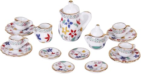 Amazon ノーブランド品 15pcsセット ドールハウス ダイニング陶器磁器ティー 食器 カップ プレート カラフルな花柄 1 12 手作り アクセサリー 家具 おもちゃ