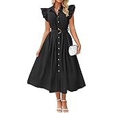 ZESICA Womens Summer Button Midi Dresses 2026 Flutter Short Sleeve Belted Business Casual Work Long Dresses with Pockets