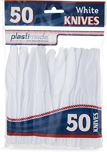 [50 White Knives] Plastimade Disposable Heavy Duty Plastic Cutlery, Great for Every Day Use, Home, Office, Party, Picnics, or Outdoor Events,