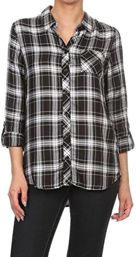 Women's Relaxed Fit Plaid Checkerd Button Down Shirt Small Black/White