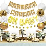 Sweet Baby Co. Baby Shower Decorations Neutral for Boy or Girl with Welcome Baby Banner, Oh Baby Balloon, Lanterns, Flower Pom Poms, Circle Glitter Garland | Rustic Gold and White Gender Neutral Set