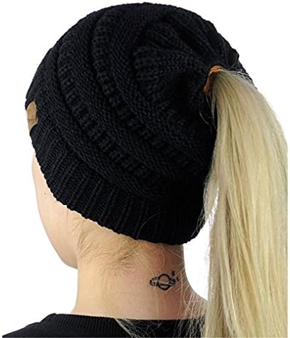Permen Perman Women Winter Warm Knitted Ponytail Beanie Hat Messy High Bun Stretch Ribbed Cap