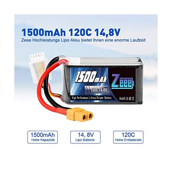 Zeee 4S LiPo Akku 1500mAh 14,8V 120C mit XT60 Steck für UAV Drones FPV Rennrad Quadcopters Flugzeug Hubschrauber RC Boot… – Bild 3