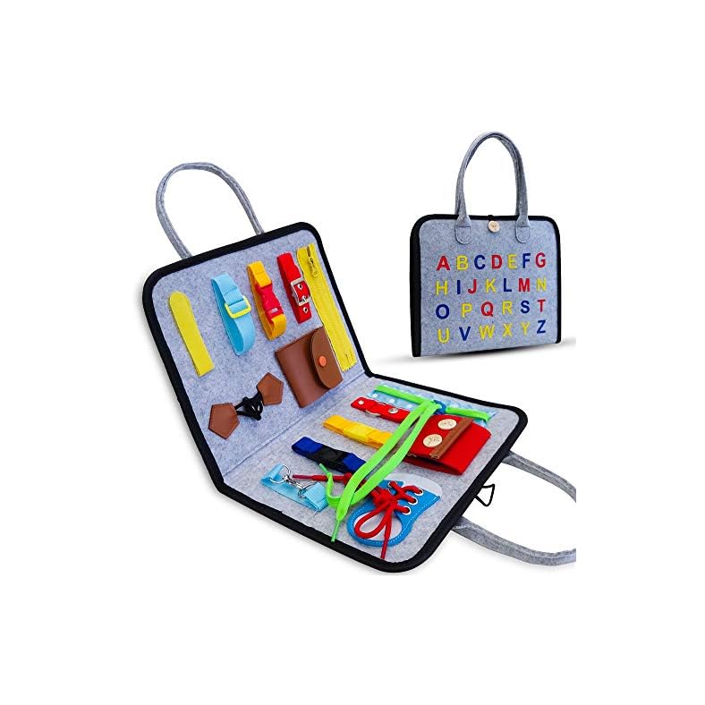 Busy Board for Toddlers 1-6, Montessori Sensory Toy for Develop Basic Skills, Dress and Alphabet Spell Cognition Latch…