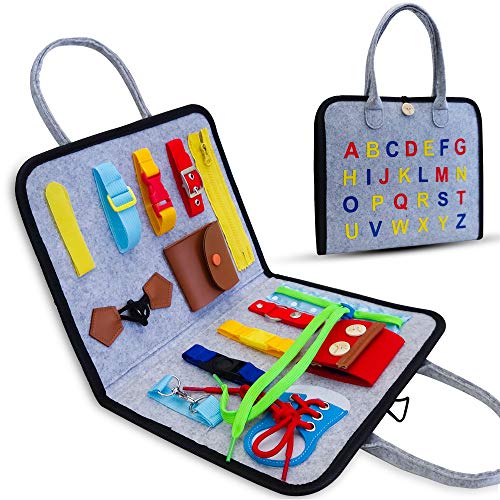 Busy Board for Toddlers 1-6, Montessori Sensory Toy for Develop Basic Skills, Dress and Alphabet Spell Cognition Latch…