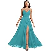 NLQ Spaghetti Straps Bridesmaid Dresses for Wedding Chiffon Long A Line V Neck Pleated Evening Dress with Slit