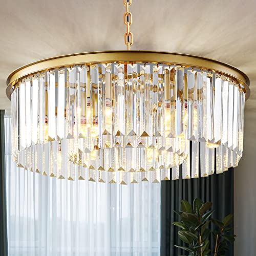 Laiuetai Gold Modern Crystal Chandelier, 2-Tier Round Flush Mount