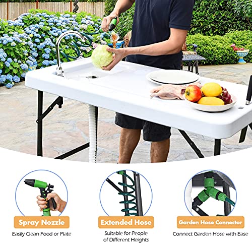GYMAX Fish Cleaning Table with Sink, Folding Fish Cleaning Station with Faucet, Spray Cleaner
