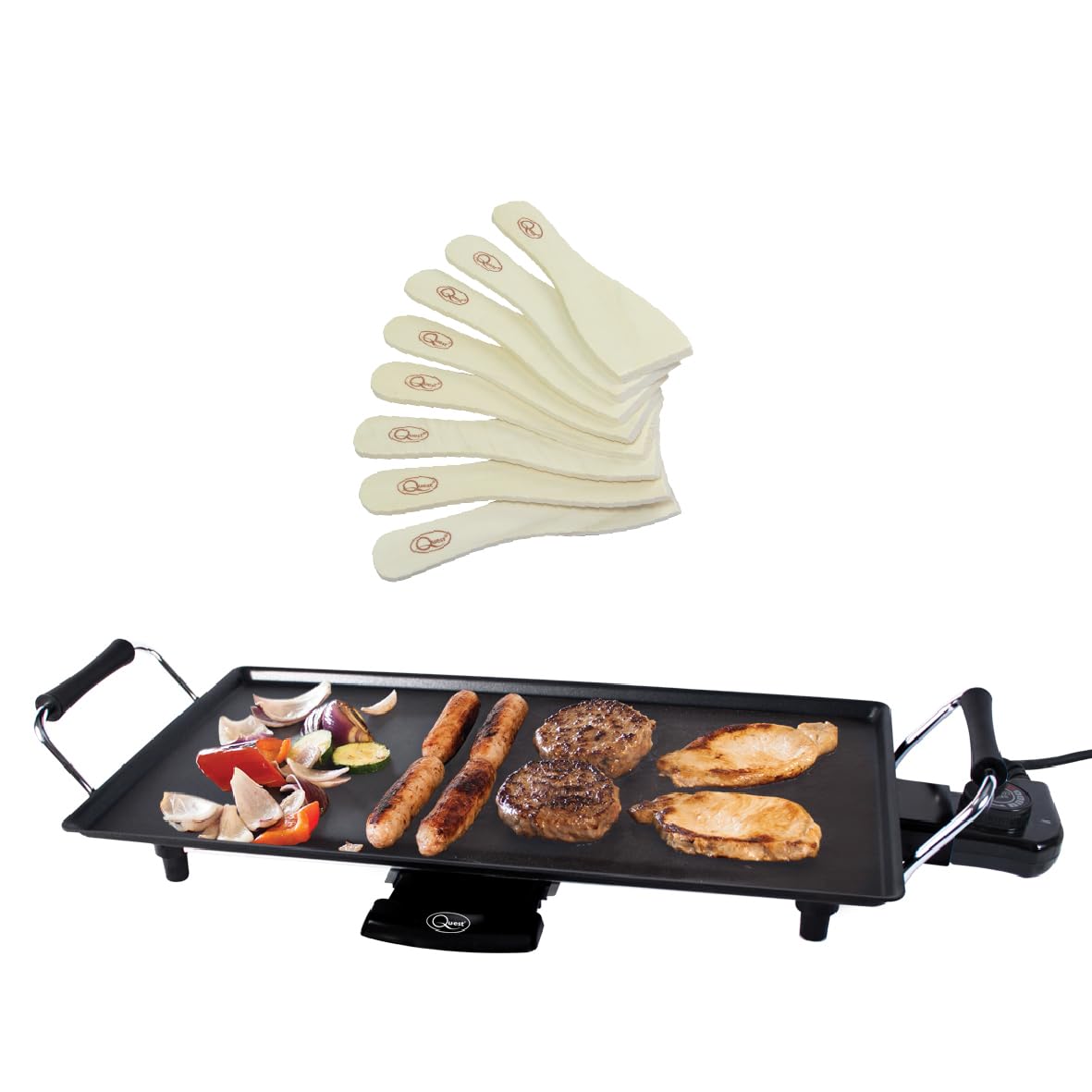 Quest Large Teppanyaki Grill, Non Stick Electric Grill, Adjustable Thermostat, Includes 8 Wooden Spatulas, For Parties, Family Meals & More, 48cm x 26cm Cooking Plate