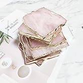 Rose Quartz Decor Coaster, Natural Pink Crystal Coasters Gold Edge Set of 4 (Square 3.5''-4)