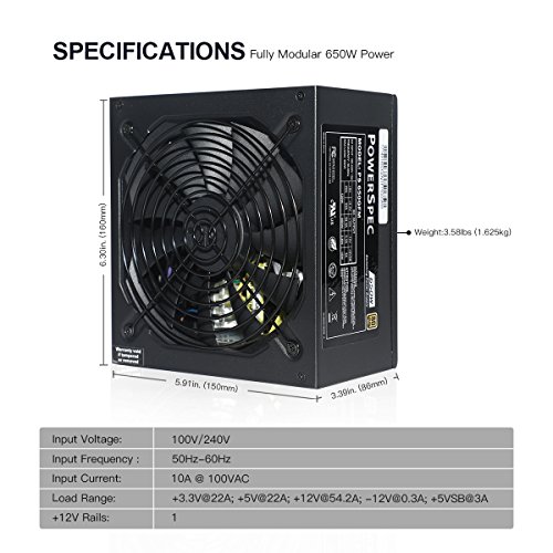 PowerSpec 650 Watt 80 Plus Gold Fully Modular ATX Power Supply Active