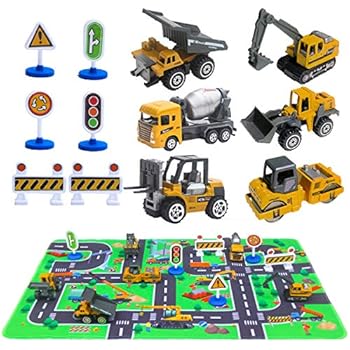 Construction Vehicles Toys with Play Mat, 6 Construction Cars, 6 Road Signs and 15.5