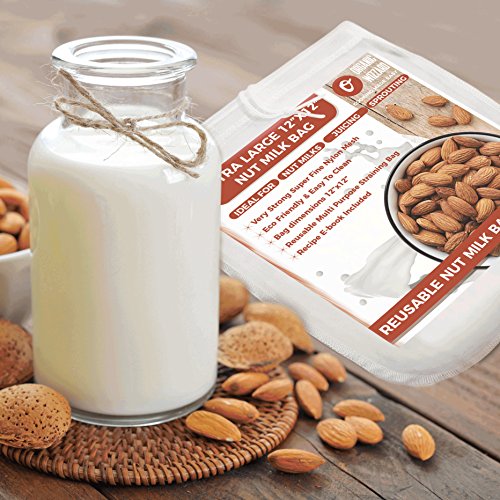 Organic Reusable Nut Milk Bag – Best Quality Almond Milk Bag and Muslin Strainer – Fine Nylon Mesh Cheesecloth & Cold Brew Coffee Filter – 12”x12” Premium Quality Food Sack + Free Ebook - Thumbnail 2