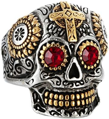 Men's Vintage Stainless Steel Silver Gold Gothic Cross Sugar Skull Biker Ring with Green Eye Halloween