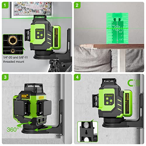 Laser Level 360 Self-Levelling, Huepar 3x360 Laser Level 12 Lines Green 3D Cross Lines Outdoor Rechargeable ACEV Pulse Mode, 2 Li-ion Batteries, Magnetic Stand, Rigid Transport