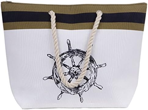 Large Water Resistant Canvas Striped Beach Bag - Inside Lining, Zippered Inner Pocket, Top Handle (White Wheel)