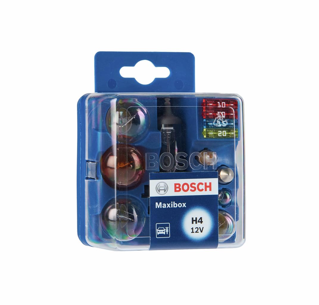 Bosch H4 Maxibox Halogen Bulb Set for Car Headlights and Lamps, 12 V - Socket Type P43t - Spare Bulb Box Containing the Most Essential Bulbs and Fuses