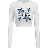 MakeMeChic Women's Star Print Crew Neck T Shirt Long Sleeve Y2k Tee Crop Tops Streetwear