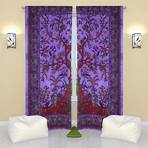 THE ART BOX Tree of Life Tapestry Window Curtains Tye Dye Bohemian Door Cover Beautiful Drapery Bedroom Living Room Balcony Valance Panels (Purple Tree 75x50 inches)