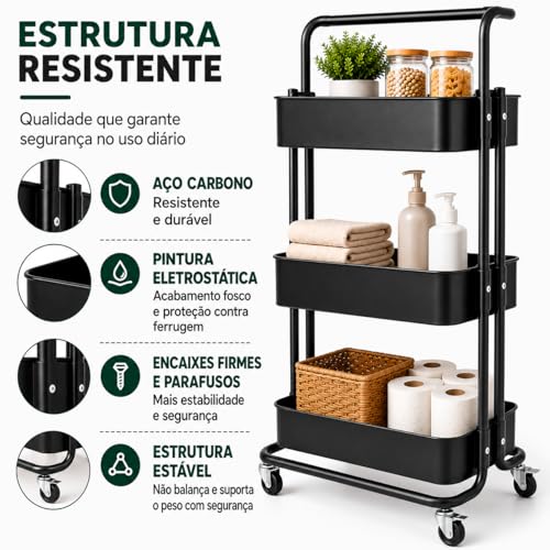 Carrinho Organizador Multiuso 3 Prateleiras com Rodinhas | Estrutura em Aço Carbono e Cestos em Plástico resistente.