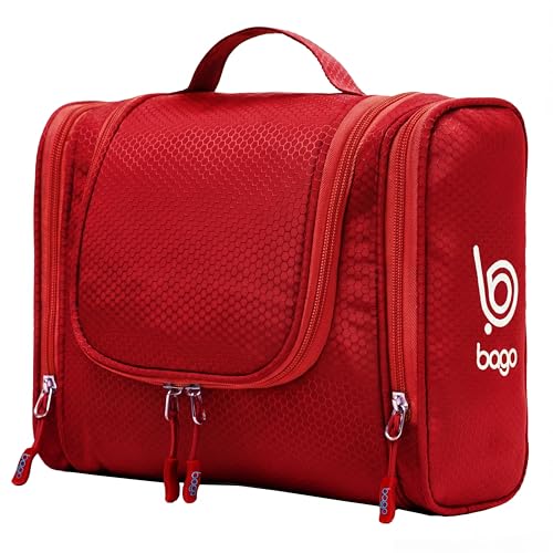 Bago Travel Hanging Toiletry Wash Bag Makeup Cosmetic Organizer - Large Waterproof Hanging Toiletry Bags for Women and Men - Travel Essentials Accessories Hanging Wash Bag (Red)