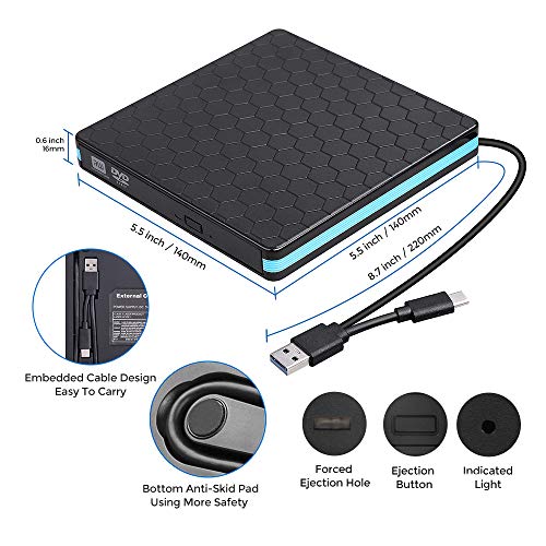 External CD Drive, Optical Drive with USB3.0 & Type-C for VCD/DVD/CD -ROM/ -R/ +R /-RW, CD Burner/Reader/Writer for Laptop/PC/Desktop/MacBook, Suitable for Windows/Linux/MAC OS [Not for Chromebook] - Thumbnail 5