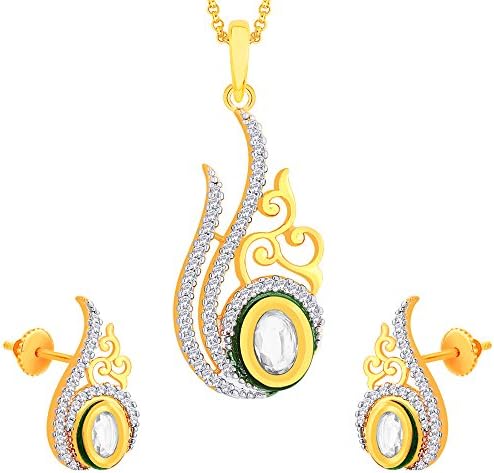 Viyari Tri-Color Indian Kundan Cubic Zirconia Pear Shaped Pendant Neckace Earrings Set