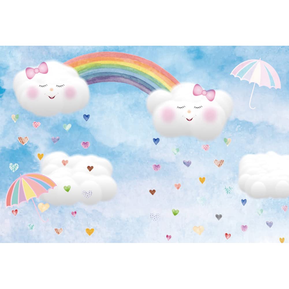Renaiss 10x8ft Cartoon Sky Baby Shower Backdrop Blue Sky White Cloud Rainbow Umbrella Love Rain Photography Background Kids Girl Boy Birthday Party Decorations Cake Table Photo Studio Props