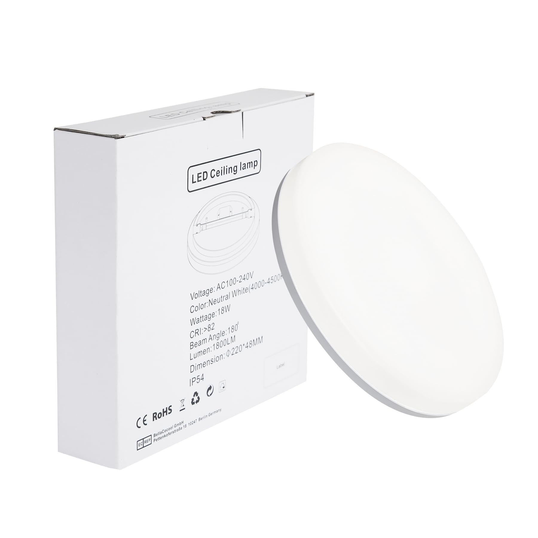 Aogled Plafonnier LED 18 W 1800 LM 4000 K Blanc Naturel Rond, Diamètre 22 cm, Angle du faisceau 180°, Lampe de salle de bain, Étanche IP54, Lampe de salon, Plafonnier, Adapté au balcon, Sans détecteur