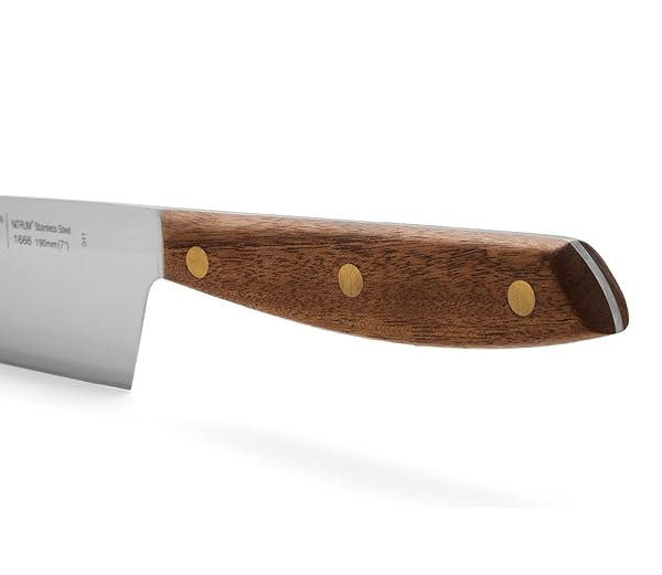 ARCOS SANTOKU KNIFE 7 INCH STAINLESS STEEL. JAPANESE KITCHEN KNIFE FOR FISH, MEAT AND VEGETABLES. OVENGKOL WOOD HANDLE 100% NATURAL FSC AND 190MM BLADE. SERIES NORDIKA. COLOR BROWN.