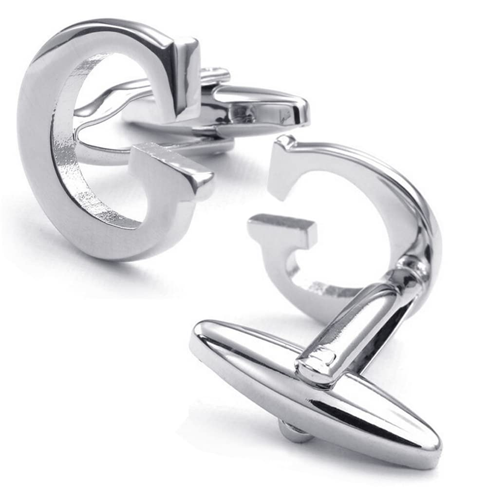 HONEY BEAR Mens Initial Alphabet Letter Silver White Steel Wedding Formal Business Cufflinks (G)