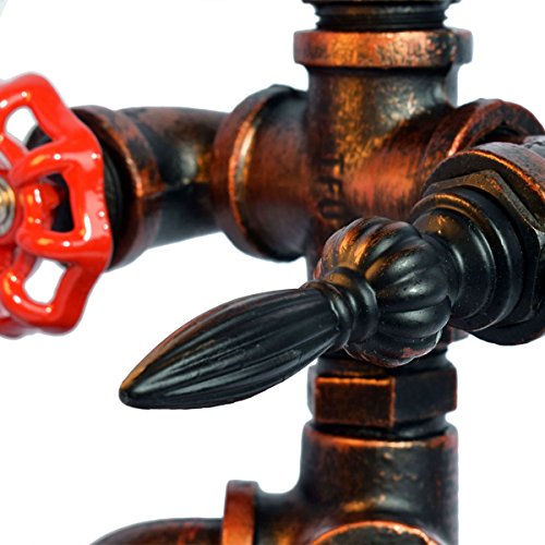 Lingkai Desk Table Lamp Industrial Retro Steampunk Desk Lights Rust Iron Robot Plumbing Pipe Light Table Light with Red Valve Handle and Switch